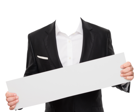 Business man holding empty board on transparent background png