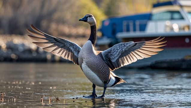 Goose flapping wings on riverbank near boat dock