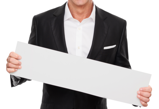 Business man holding empty board on transparent background png