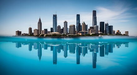 chicago skyline at sunset, Modern city skyline reflected in water