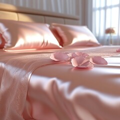 Satinbedsheets Wrinkled satin bedsheets in pale blush color, softly reflecting warm morning light, scattered with dried petals and lace. isolated on white background Ultra HD, Very Realistic