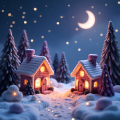 Cozy Snow-Covered Cottages in Enchanted Winter Forest under Starry Night Sky