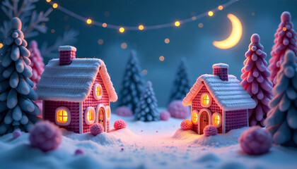 Whimsical Pink Gingerbread Houses in Snowy Fantasy Winter Wonderland