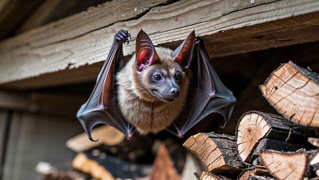 Grey long-eared bat clinging to shed beam above firewood