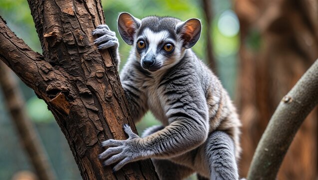 Grey mouse lemur clinging to tree in outdoor exhibit enclosure