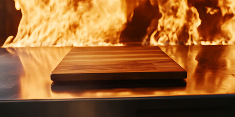 Wooden board on a reflective steel surface with a blazing fire in the background. The intense heat creates a dramatic and fiery scene.