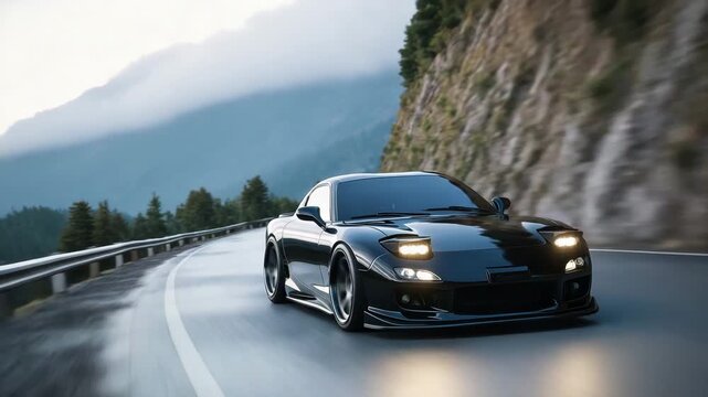 Powerful black sports car sliding sideways on winding mountain road, headlights glowing through mist, blurred motion emphasizes speed and danger