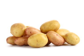 Heap of raw baby potatoes on white background