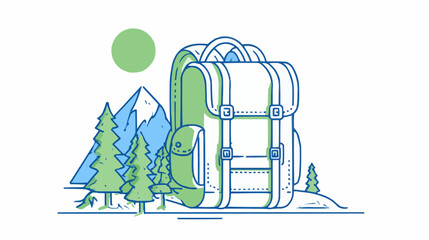 Minimal line art illustration of a hiking backpack with mountains and pine trees, perfect for travel blogs, outdoor adventure branding, eco tourism, and camping design projects