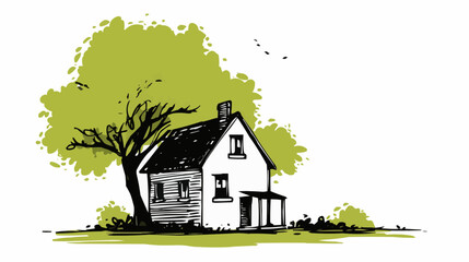Minimal country house with green tree and lawn, flat vector illustration in simple hand-drawn style, perfect for eco living concepts, real estate, rural tourism, or nature-friendly branding