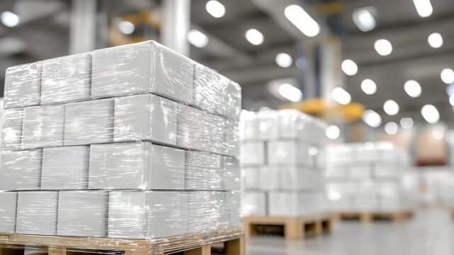 3Perspective view of stretch-wrapped pallets in modern warehouse, stacked rows of plastic bottles, reflective film catching subtle highlights under fluorescent lighting