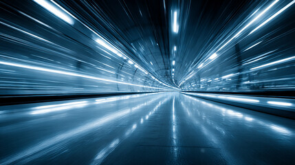 Hyperrealistic view of a particle accelerator tunnel with dynamic motion blur lights, conveying speed, futuristic technology, and high-energy scientific research.