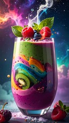 Vivid, layered smoothie in a glass with berries and mint, cosmic background