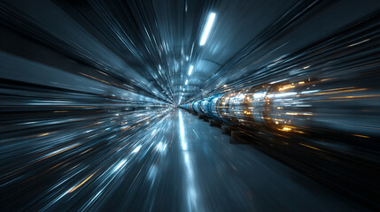 Hyperrealistic view of a particle accelerator tunnel with dynamic motion blur lights, conveying speed, futuristic technology, and high-energy scientific research.