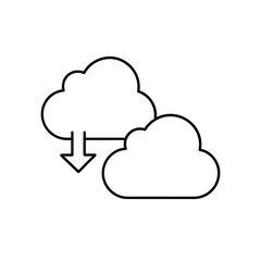 Two clouds with an arrow pointing downwards in white on transparent background