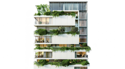 Modern white office building with green balconies and solar facade panels architecture