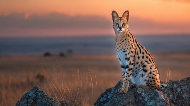 A serval sits gracefully on a rocky outcrop at sunset surrounded by the golden grasses of the African savanna showcasing its distinctive spotted coat and alert demeanor.