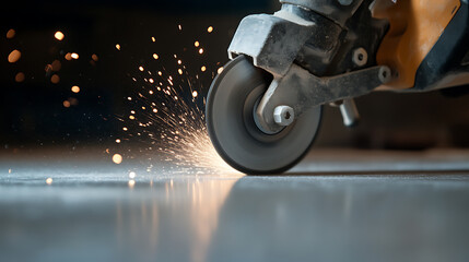 Grinding sparks fly. Metalwork creates bright flashes as it's cut. The sparks are reflecting off the ground. A professional tradesman is at work.