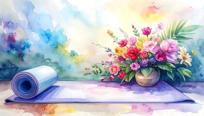 Watercolor yoga scene with mat, floral arrangement, and colorful background