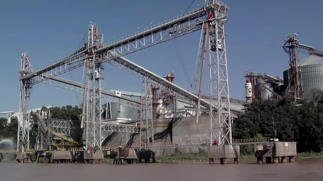 Grain Terminal Loading Towers on Parana River, Rosario, Argentina - 4K