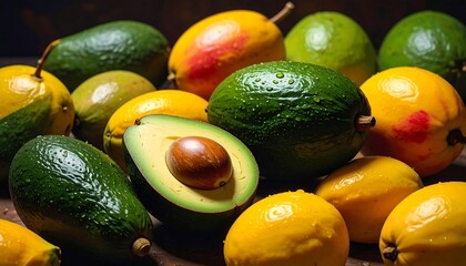 Various fresh avocados and related citrus fruit, some halved