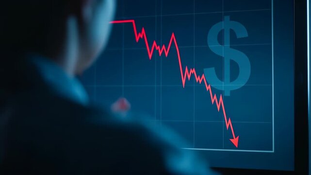 Stock market crash displayed on screen, showing descending arrow pointing downwards. The stock market crash creates anxiety about economic recession,