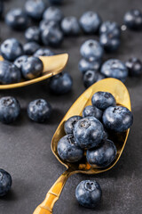 Composition with wild blueberries on a black plush background and a polished brass spoon gently reflecting the light