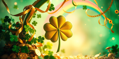 A magical 3D illustration of a four-leaf clover under a decorative green arch, surrounded by gold coins and flowing yellow ribbons for St. Patrick's Day