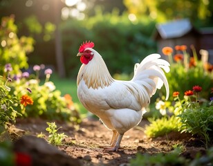 Fototapeta premium Majestic White Rooster in a Lush Garden Setting.