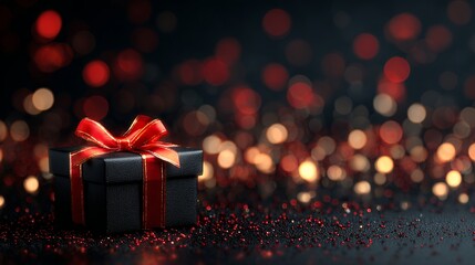Elegant black gift box with red ribbon and festive bokeh lights create a magical holiday atmosphere perfect for heartfelt celebrations