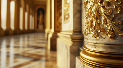 Golden flourishes embellish the marble pillars of a grand hall, bathed in soft light. The intricate details evoke timeless elegance.