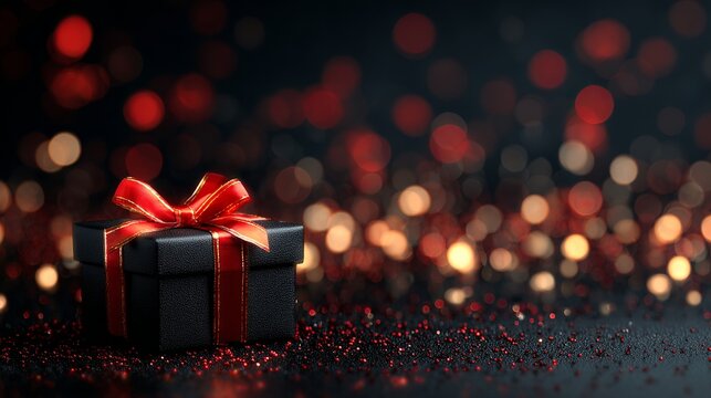 Elegant black gift box with red ribbon and festive bokeh lights create a magical holiday atmosphere perfect for heartfelt celebrations