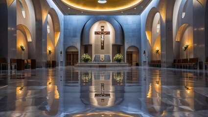 Fototapeta premium Hall of halos rotating in sacred silence, reflecting acts of mercy