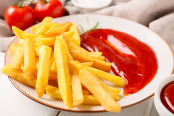 Plate with tasty french fries and ketchup, closeup