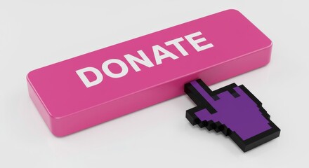 Digital donation: pixelated purple cursor hovers over bright pink 'donate' button on clean white surface