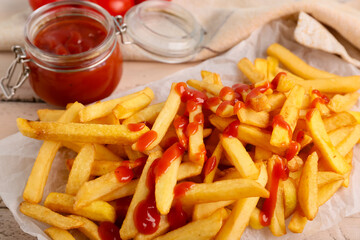Tasty french fries with jar of ketchup on light wooden background