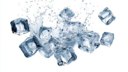 Obraz premium Ice cubes tumble into water creating a lively splash that showcases their clarity and coolness. The scene conveys a refreshing moment emphasizing the dynamic interaction between ice and liquid.