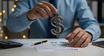 Christmas in business with male hands holding dollar sign ornament in office setting, financial holiday celebration