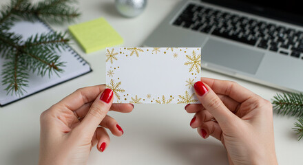 Christmas-themed business card held by female hands with red manicure at office desk, holiday branding and marketing