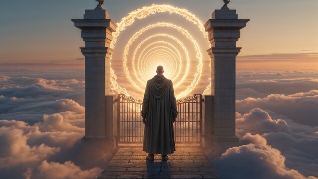 Heaven?s gatekeeper watching horizon as souls ascend in glowing spiral