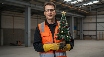 Engineer holding small decorated Christmas tree in industrial setting, festive spirit in construction