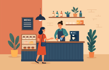 Female customer talking to man at counter in cafe shop. Barista brews hot drinks on a coffee machine, standing behind the bar in the cozy interior of an eco-friendly cafe. Hospitality service scene