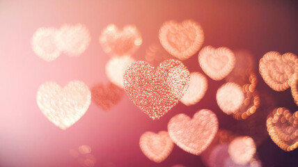 Fototapeta premium Delicate pink heart shapes formed by glittering bokeh lights create a romantic, dreamy mood. Perfect for Valentine’s Day, love, weddings, social media campaigns, and cozy, affectionate branding.