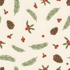 Seamless pattern with pine branches, pine cones, and red berries with green leaves on a light beige background, hand-drawn.
