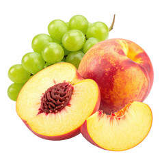 Still life of fruit with grapes, peaches, and a peach slice, isolated on black