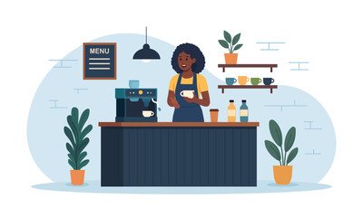 Female barista making coffee with milk in cozy cafe. Woman brewing hot drink with espresso machine standing at bar counter desk. Hospitality service scene