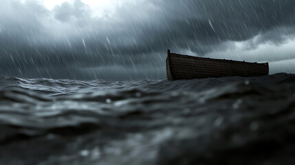 A wooden vessel navigates through a stormy sea under a dark, ominous sky, battling the torrential rain and turbulent waters. Survival amidst the elements.