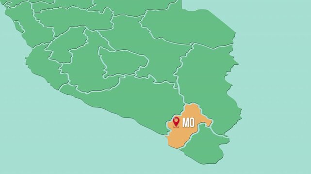 Mapa de Per&uacute; con divisi&oacute;n pol&iacute;tica resaltando el departamento de Moquegua