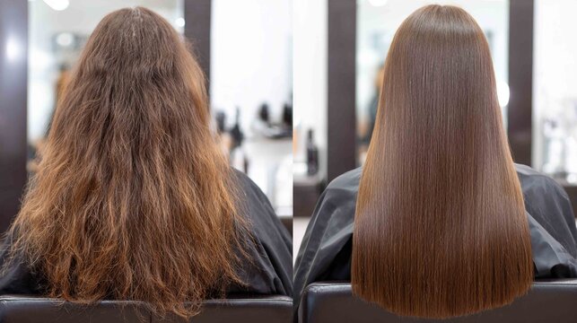 Transformation of hair: the comparison between frizzy hair and after treated hair in salon, showcasing a before-and-after shot of hair that has undergone a smoothing treatment.