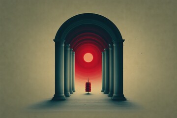 Fototapeta premium Red sun shines through archway with columns in this surreal scene conveying mystery and depth at twilight